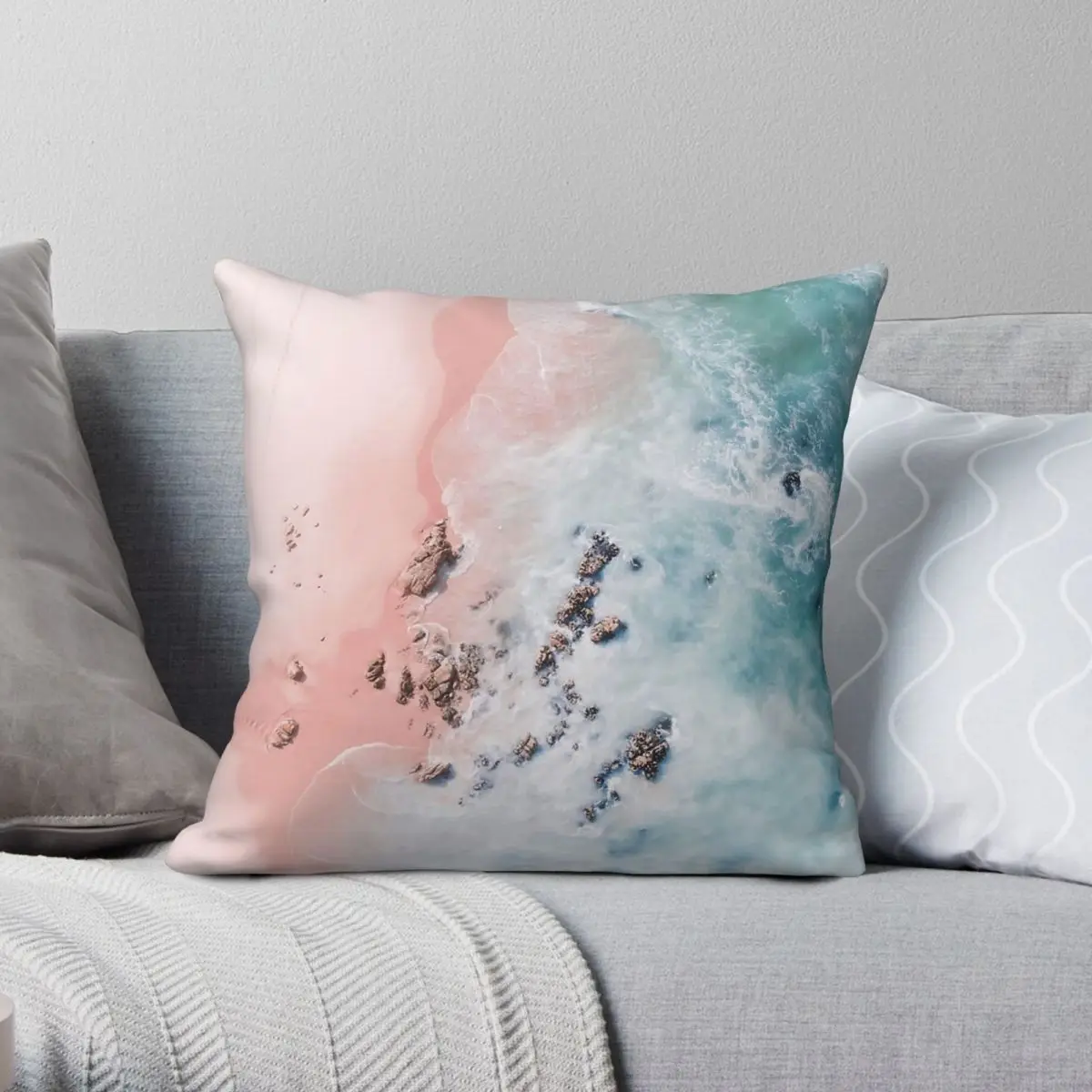 Sea Bliss Aerial Pink Beach Ocean Square Pillowcase Polyester Linen Velvet Printed Zip Decorative Home Cushion Cover