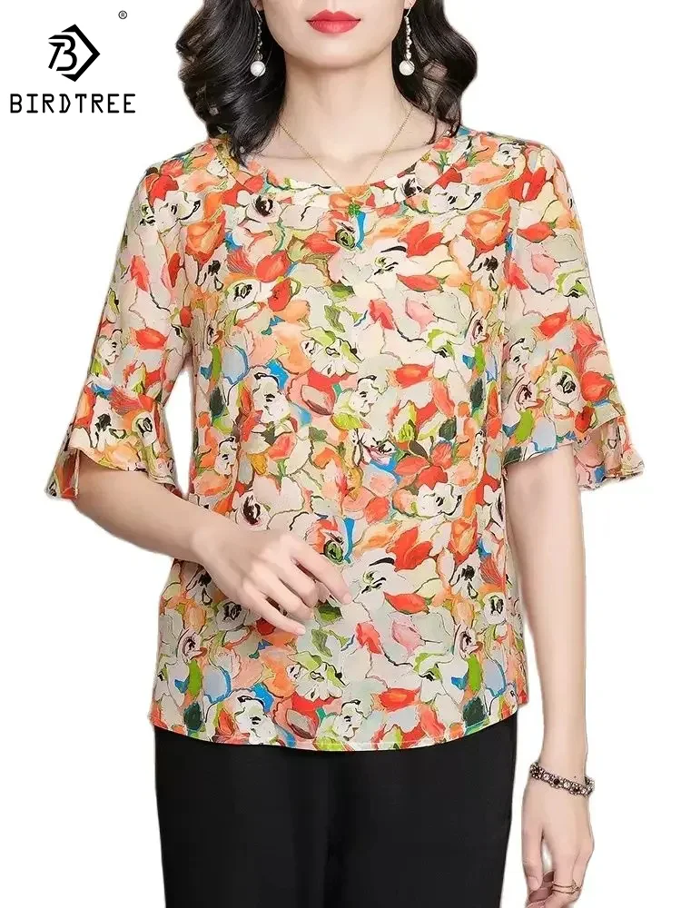 

BirdTree,Ruffle Sleeve Floral Print,100%Mulberry Silk Shirt for Women,Fashion Elegant OL Blouse,2024 Spring New Top T42288QM