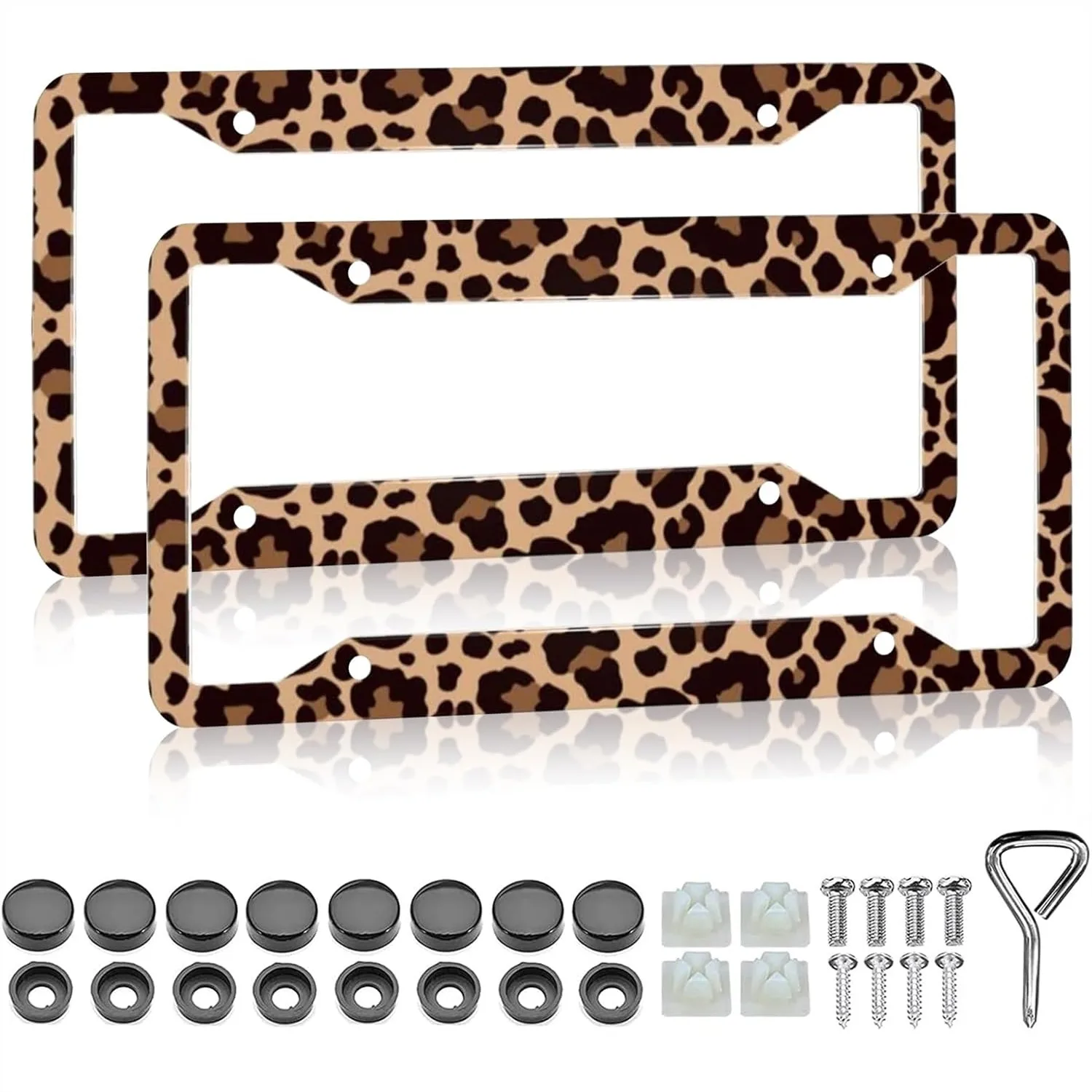 

Leopard Print License Plate Frame 2 Pack, Animal Brown Cheetah Car Tag Holder for Standard US Canada Plates 12x6 Inch with