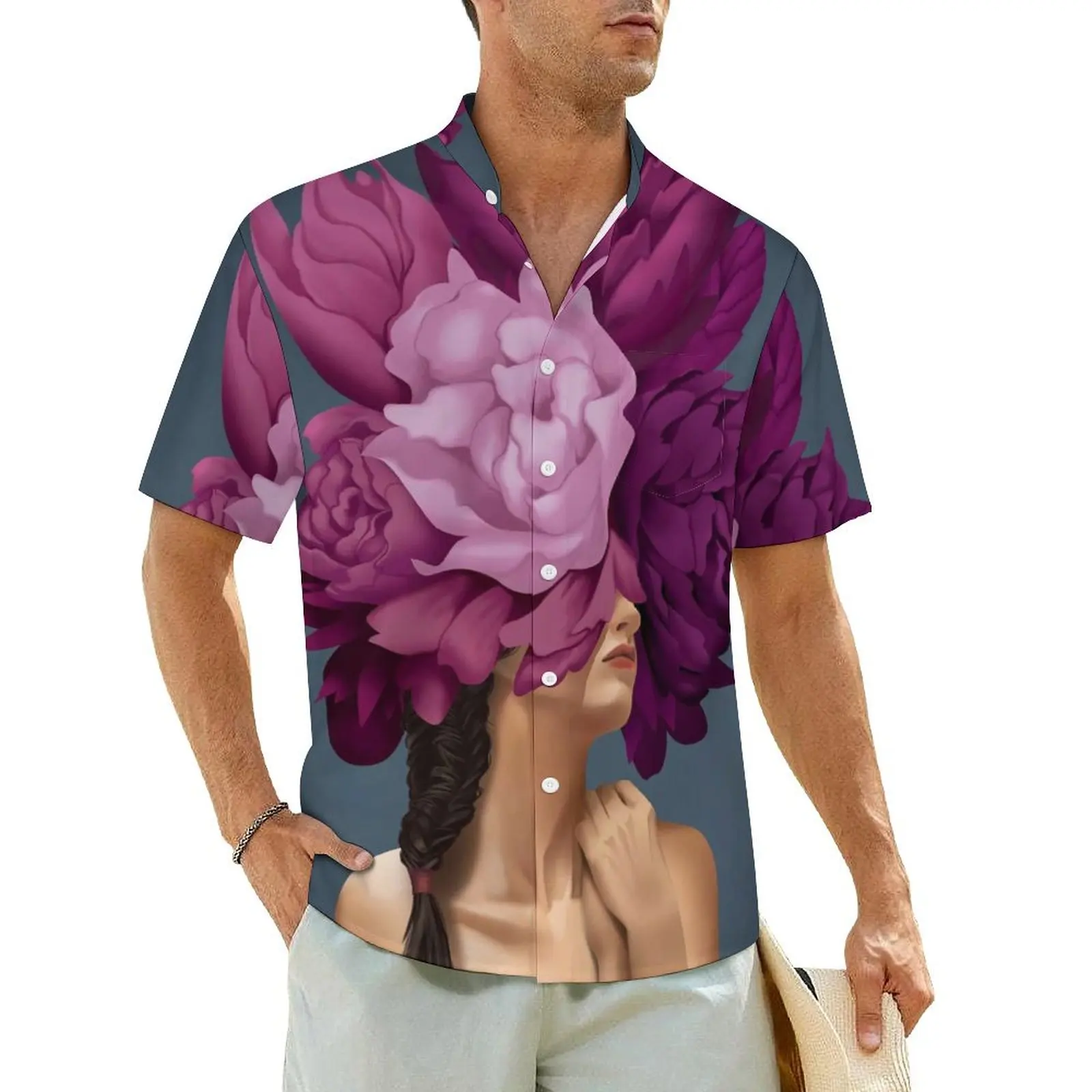 

Elegant Women Head Hawaiian Shirt For Man Beach Bouquet Woman Casual Shirts Short Sleeve Stylish Design Novelty Oversize Blouses