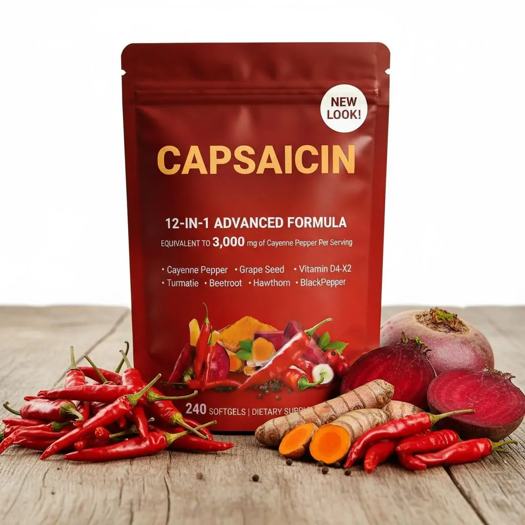 5 paquetes de cápsulas blandas de capsaicina, 240 unidades, suplemento dietético, complejo 12 en 1 con pimienta de cayena, cúrcuma y remolacha para la salud natural