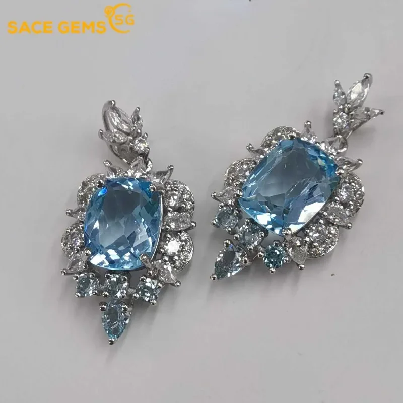 

SACE GEMS 8*10mm Natural Sky Blue Topaz Pendant 925 Sterling Silver Pendant Necklace for Women Everyday Party Fine Jewelry Gift