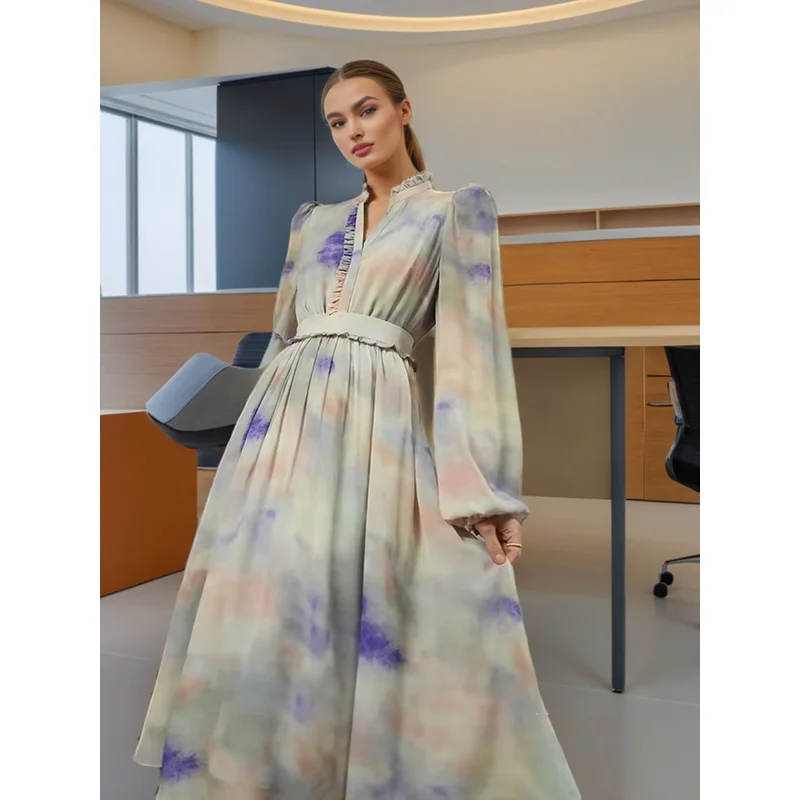 

French Fashion Tie Dye Skirt Set 2025 New Stand Collar Lantern Sleeve Top + Women's Floral High-end Skirt Suit