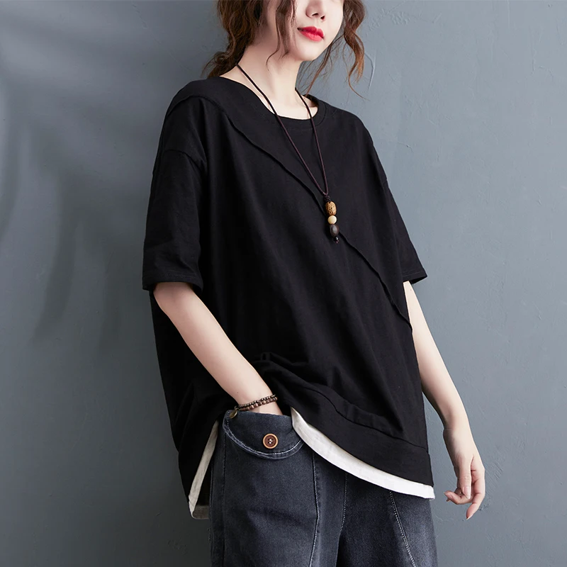 plus Size Women's Summer T-irt Color Blo  Color ort Sve round Ne Loose Fit Casual Versatile Fake Two-Piece Top