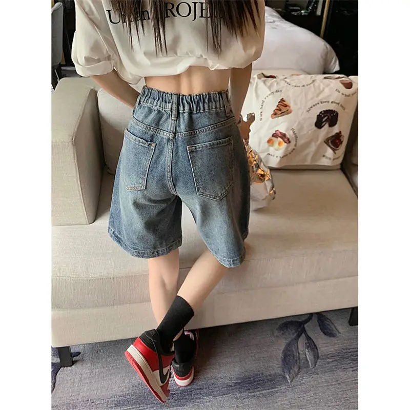 Elastic Waist Denim Shorts for Women\'s Loose Fitting Summer New Retro Hong Kong Style Capris Versatile Slim High Waisted Pants