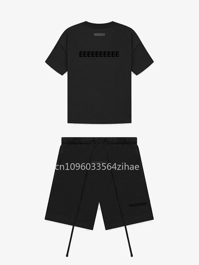 Season 8 Luxury Design Men'sเสื้อยืดสองแถวFlocking Letterโลโก้Tops Tees Designerแบรนด์ชายเสื้อยืดกางเกงขาสั้นชุดกีฬา