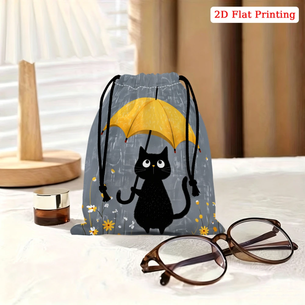 1pc Cartoon Black Cat With Yellow Umbrella Drawstring Bag Gray Floral Print Storage Small Pouch For Glasses Cosmetics Travel Org