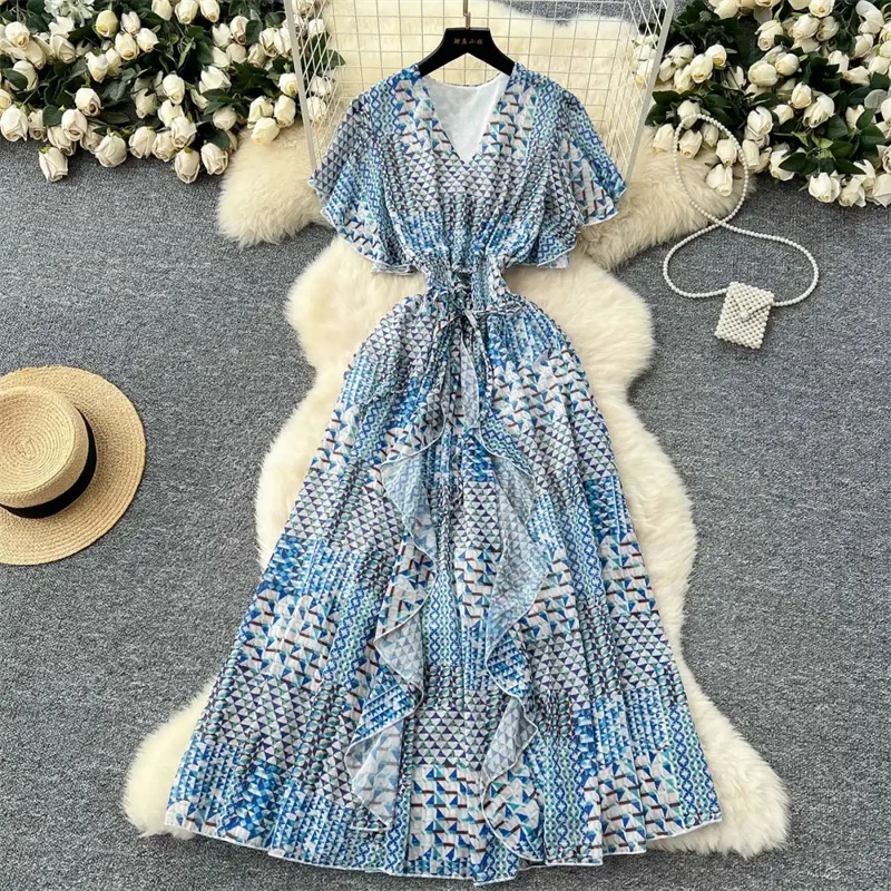 여성 쉬폰 플로럴 롱 드레스 한국 스타일 V넥 반팔 A라인 파티 드레스 여름 보헤미안 프린트 비치 원피스