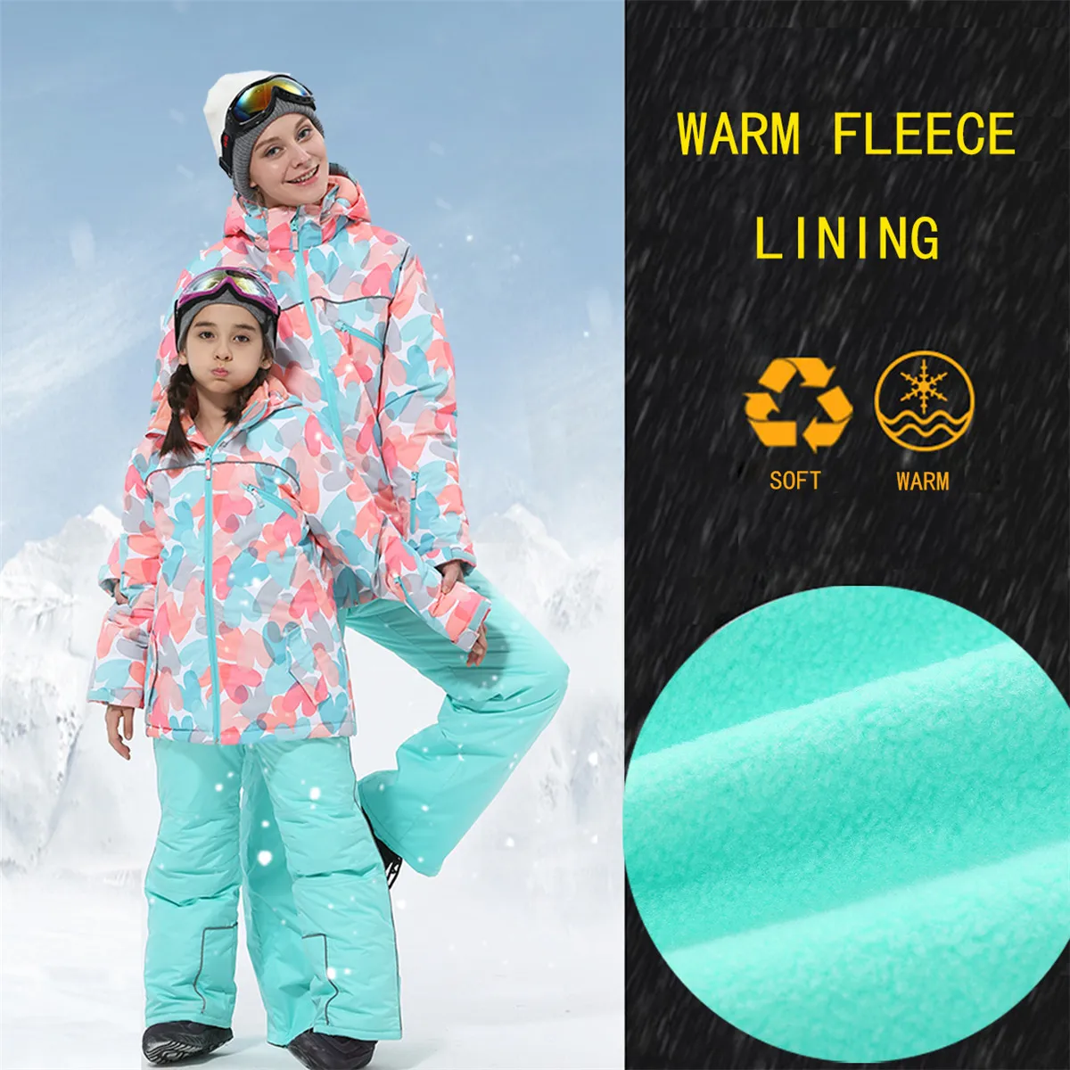 HONEYKING Parent-child Outfit Snowsuit Ski Suit Winter Outdoor Sports Warm Windproof Waterproof Cotton Down Jacket and Pants Set