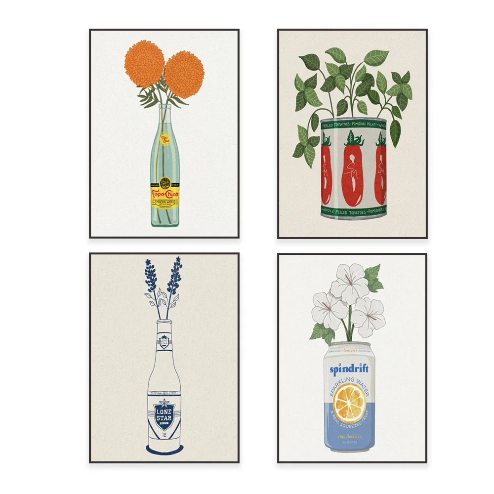 Cerveza y flores de maíz, estampado de plantas de hibisco, planta de albahaca de tomate, tomates de San Marzano y hojas de albahaca, cartel de decoración de cocina