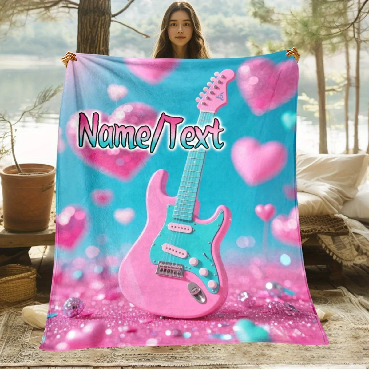 Custom name pink guitar flannel blanket, suitable for sofas, beds, birthdays, children, friends, gifts