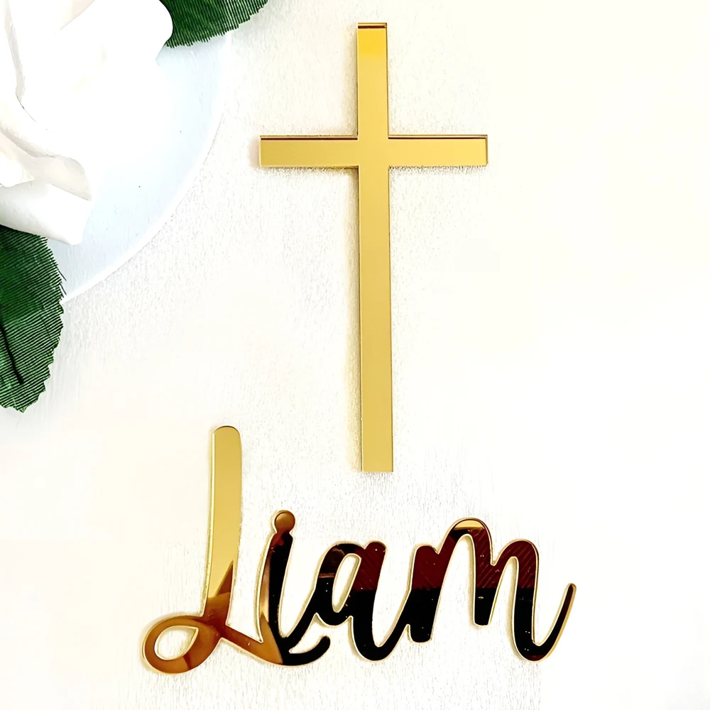 Laser Cut Acrylic Cake Topper, Baptism Cake Decoration, Baptism Name and Cross, Christening Cake Topper