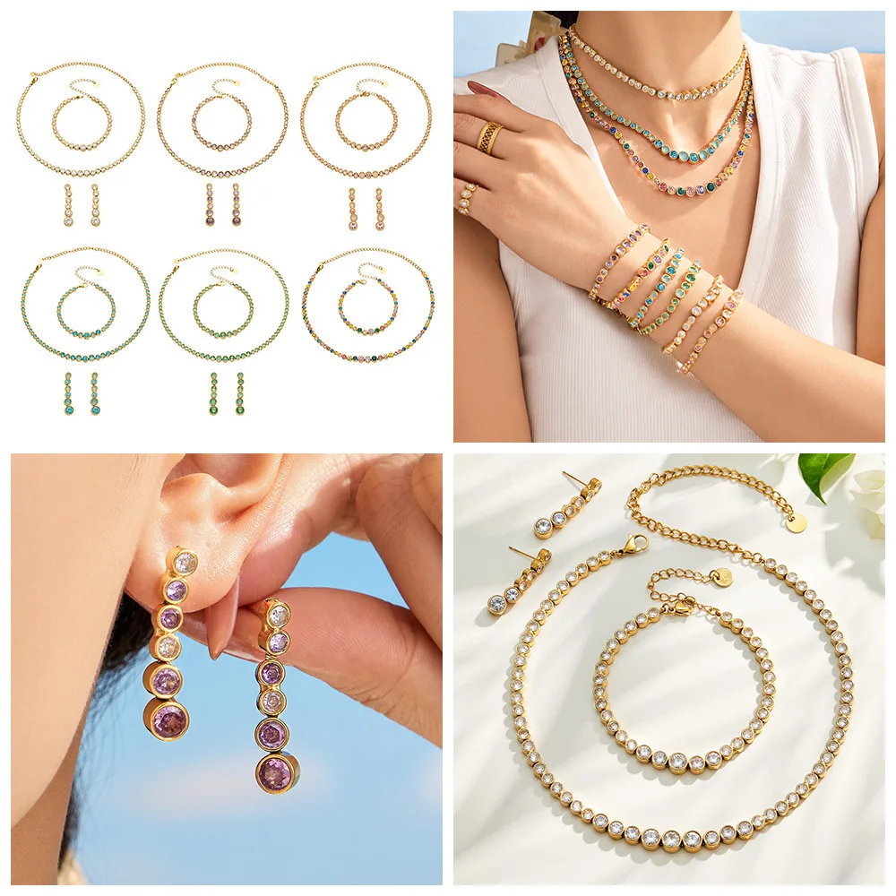 Boho Farbiger Zirkon Tennis-Schmuckset für Damen 18K Vergoldetes Edelstahl Farbverlauf Runde CZ Halskette Armband Ohrringe – Detail 1