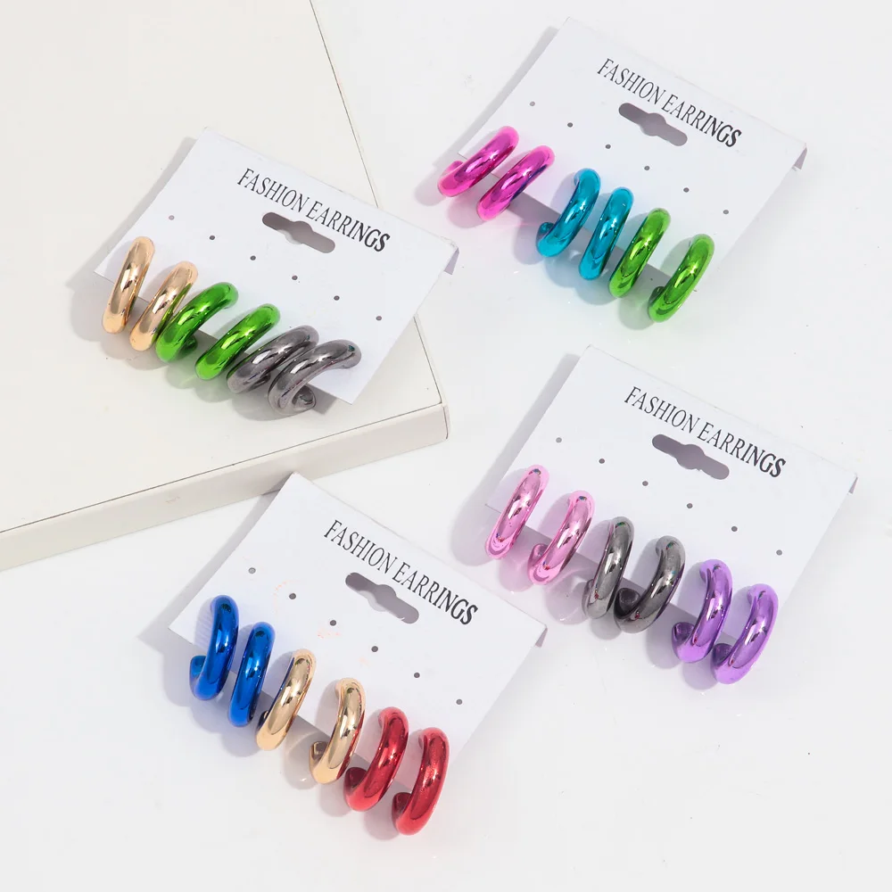 New 3pair/set Acrylic Small Circle Y2K Hoop Earrings for Women Smooth Metallic Color C-Shaped Huggies Earring Retro Jewelry Gift