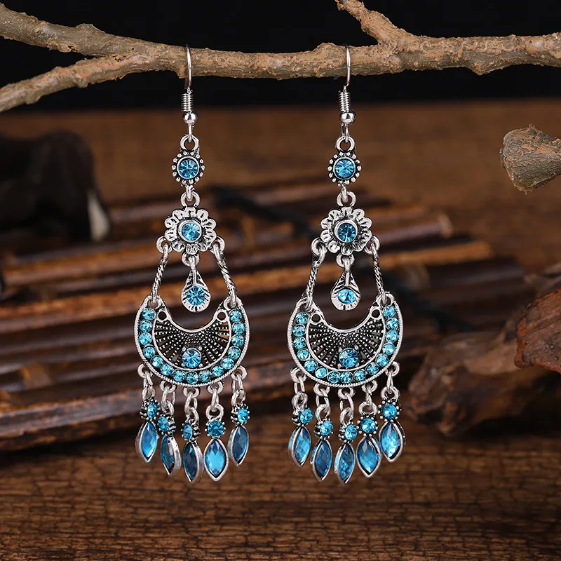 Vintage Delicate Flower Boho Drop Dangle Earrings For Women Retro Bohemian Rhinestone Crystal Wedding Earrings Pendientes Mujer