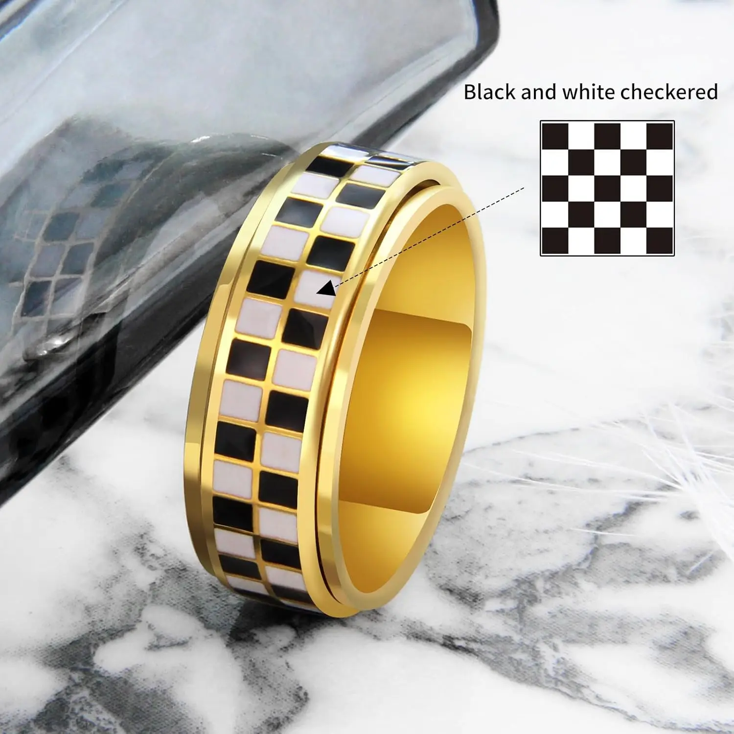 Stainless Steel Checkered Fidget Spinners Rings Black and White Checkerboard Rotate Ring for Stress Relief Spinner Jewelry