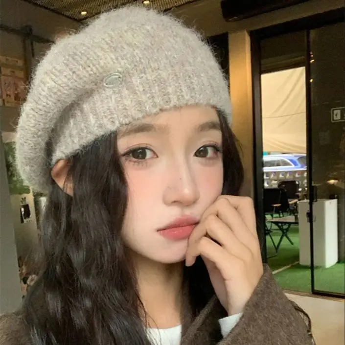 Lazy Solid Color Knit Beret Children's Student Minimalist Style Literary Retro Painter's Hat Autumn  Winter Newspaper Boy Hat