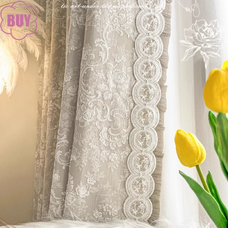 

Milk Tea Beige Thickened Rose Jacquard Chenille Lace Patched Curtains for Living Room Bedroom French Window Balcony Finished