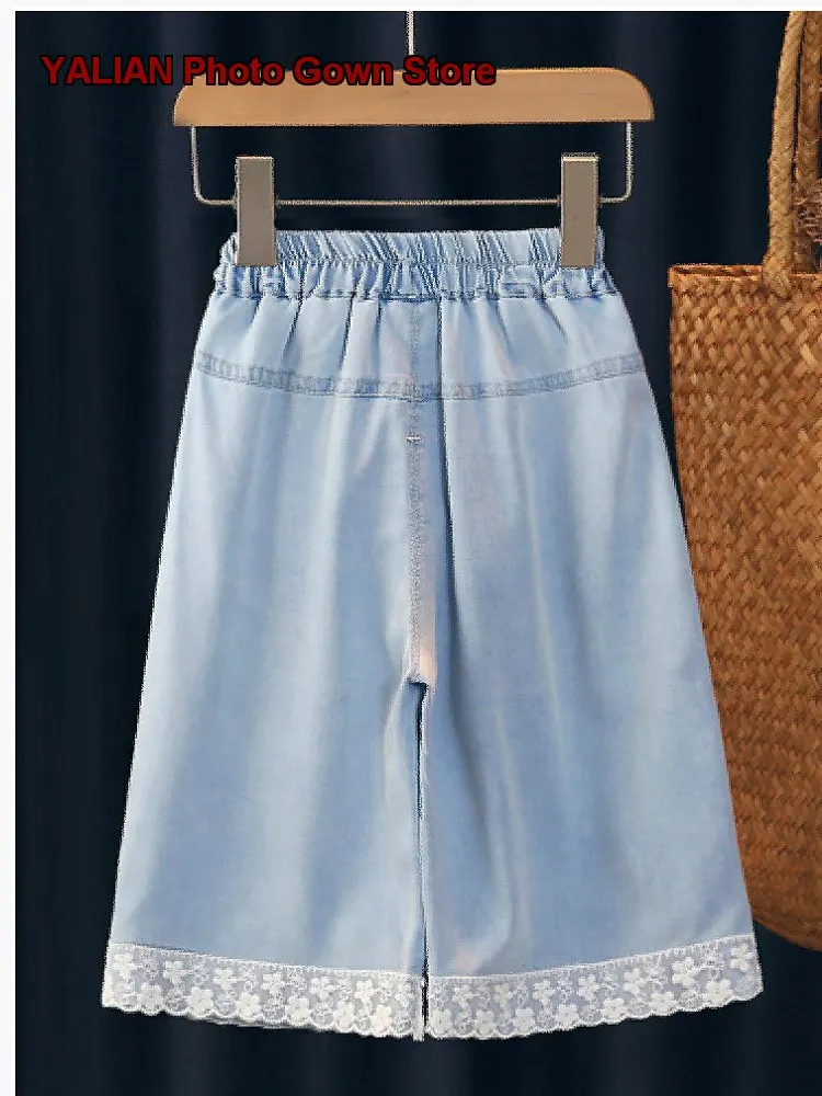 Girls Capri Jeans Summer 2026 Thin Pure Cotton Lyocell Loose Toddler Kids