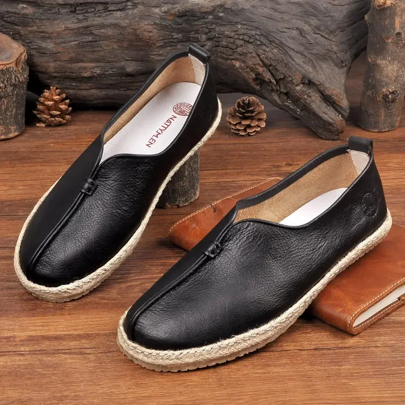 Genuine Leather Vintage Wing Chun Kungfu Shoes Chinese Traditional Shoes Wushu Tai Chi Old Peking Casual Flat Shoes Loafers