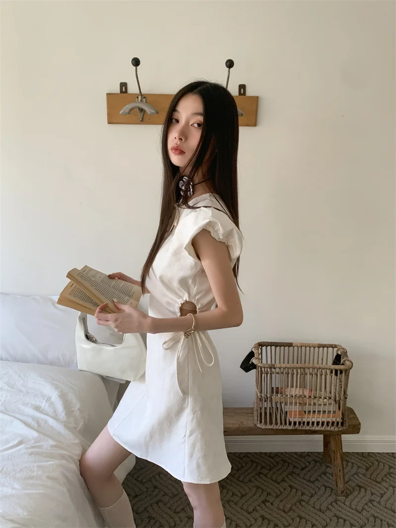 CHEERART Vintage Jacquard Puff Sleeve Short Dresses Woman Summer Drawstring Cut Out Designer Mini Dress