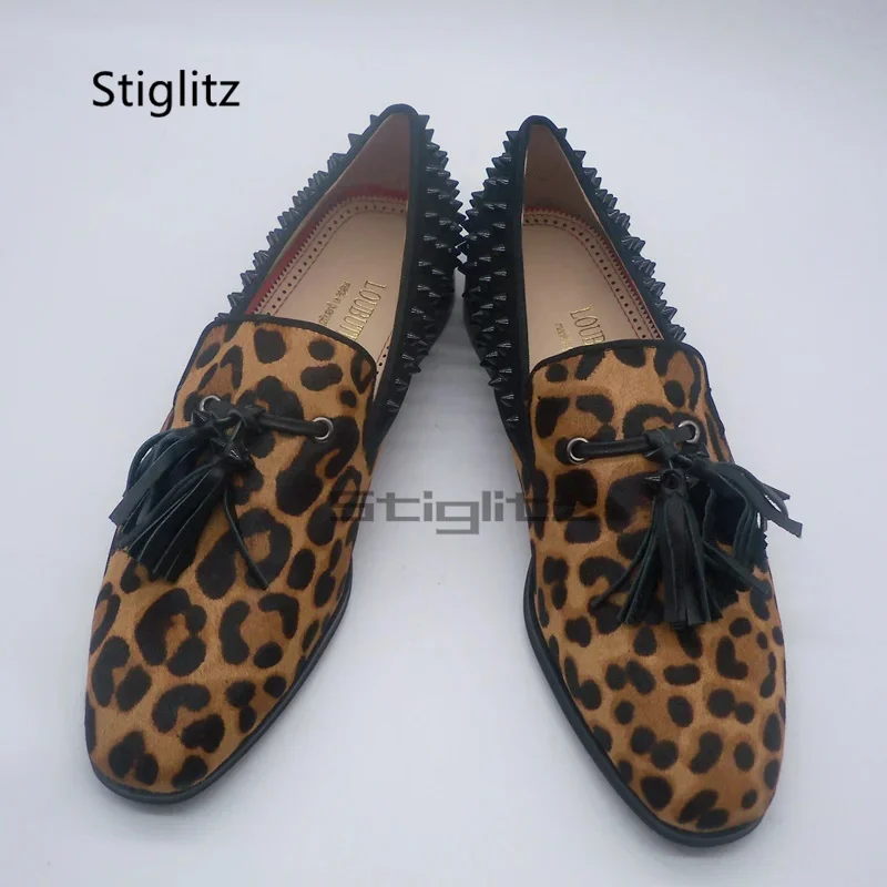 

Leopard Print Horse Hair Loafers Men Slip On Dress Fashion Tassel Shoes Patchwork Spike Genuine Leather Men's Casual Flat Shoes