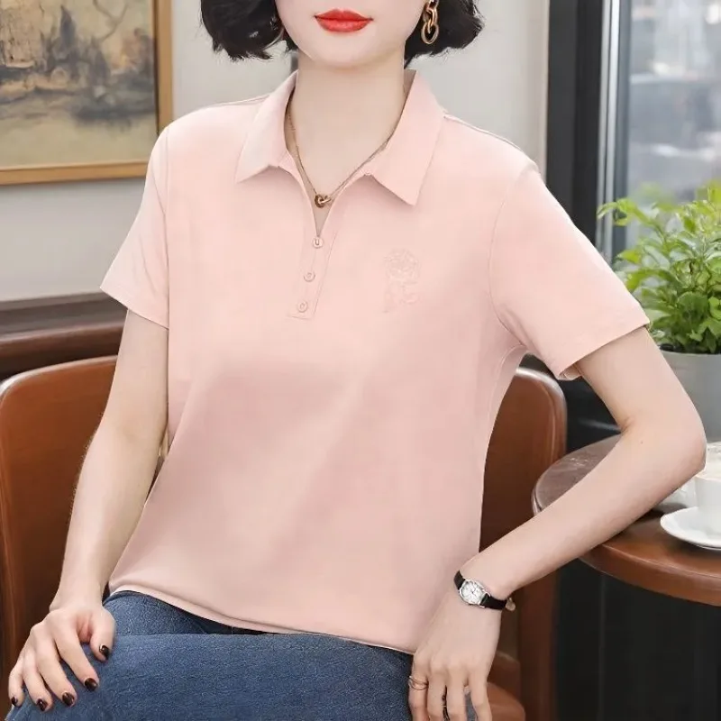 Plus Size Elegant Mom Polo Shirt Subtle Floral Embroidery Short Sleeve Tee Loose Tummy Cover Summer Casual Womens Top L To 4XL