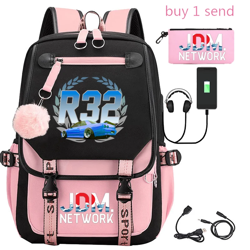 

Men's Backpack JDM Student with Ornament USB Rechargeable Travel Backpack