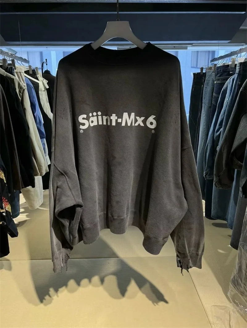 24SS Letter Printing Saint Michael Sweatshirts Oversized Washed Green Destroy Men Clothing