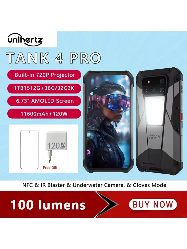 Unihertz 8849 Tank 4 Pro 5G projecteur Smartphone 1 to ROM 36GB RAM 6.73 pouces 3k AMOLED affichage 11600 mAh 100 Lumens projecteur NFC