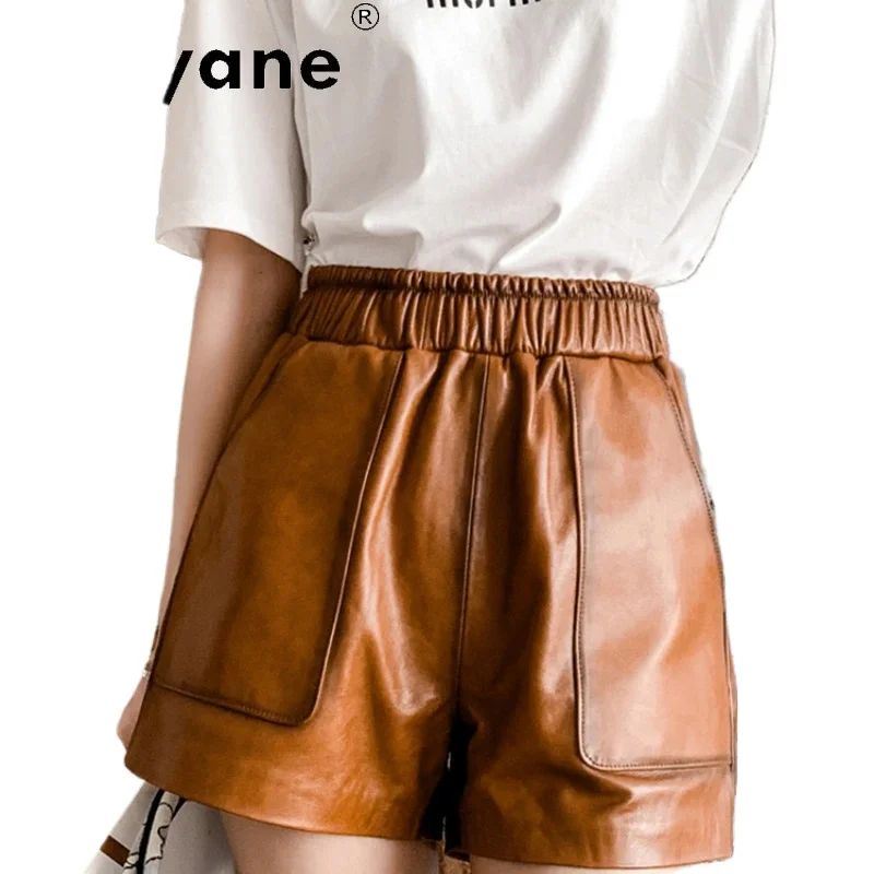 Tajiyane 本革ショーツ女性新第一層オイルワックスシープスキンレザーパンツ弾性ハイウエストワイドレッグショーツ FCY154