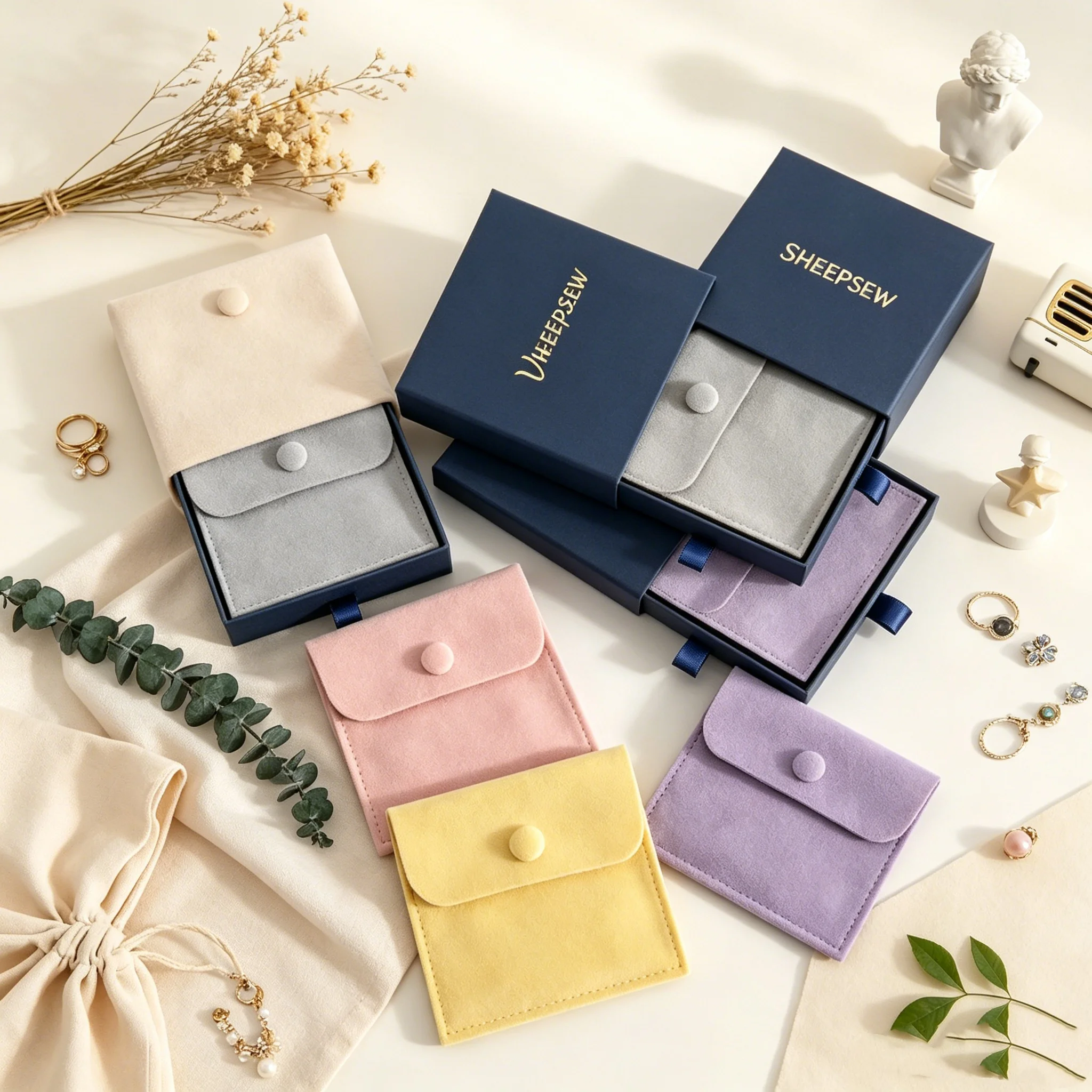 SHEEPSEW 24/50/100Pcs Navy Blue Drawer Jewelry Box Set with Colorful Microfiber Pouches, Premium Gift Packaging Custom Foil Logo
