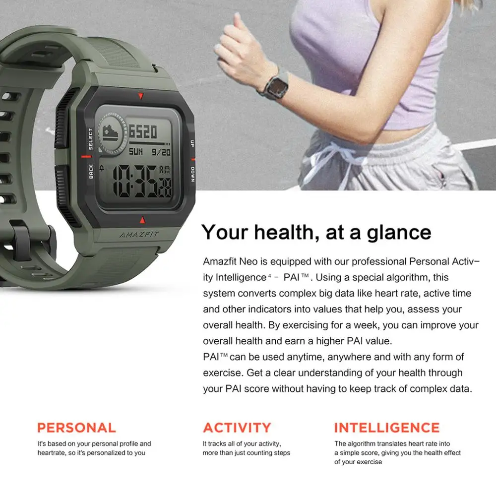 Amazfit Neo 스마트 워치 심장 박동 모니터링 및 수면 모니터링 5ATM 방수 스포츠 시계 블루투스 5.0 95New