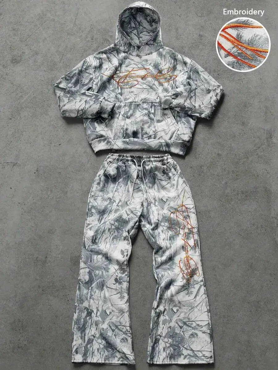 

Mens Camouflage Embroidery Hoodie And Sweatpants Set Streetwear Casual Outfit For Music Festival