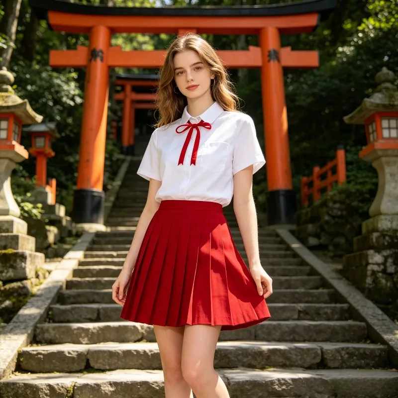 Japanese College Style School Uniform, Class Uniform Set, Long Sleeved White Shirt, Red Bow, Red Pleated Skirt, Female Student