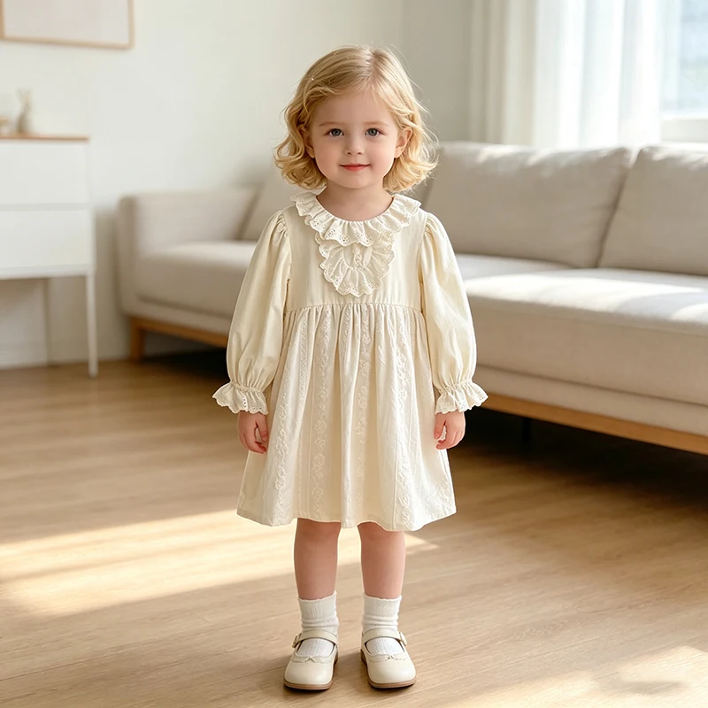 2026 Mädchen Langarmkleid mit Rüschen-Spitzenkragen, besticktes Baumwoll-Prinzessinnenkleid für Frühling und Herbst, Kindergeburtstagsparty Vestido – Detail 16