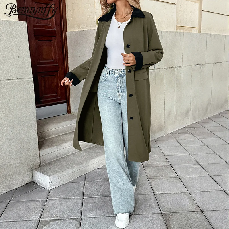 

Benuynffy Contrast Collar Loose Trench Coat Women's Long Autumn Single Breasted Casual All Match Windbreaker Jacket 2025 New