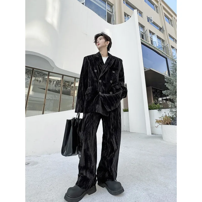 Spring 2024 New Retro Velvet High-End Suit Suit Men's Handsome Double Breasted Top Wide Leg Trousers Solid Color Two-Piece Sets