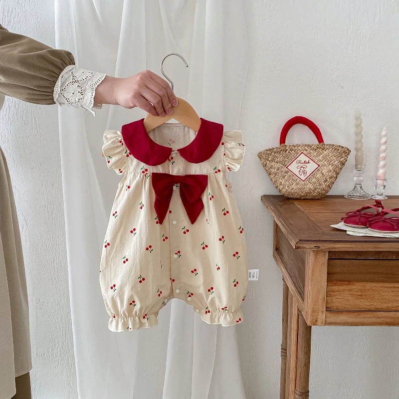 

Cute Summer Baby Girl Cherry Romper 0-2Yrs Newborn Princess Ruffles Sleeve Peter Pan Collar Bow Jumpsuit Birthday Party Clothes