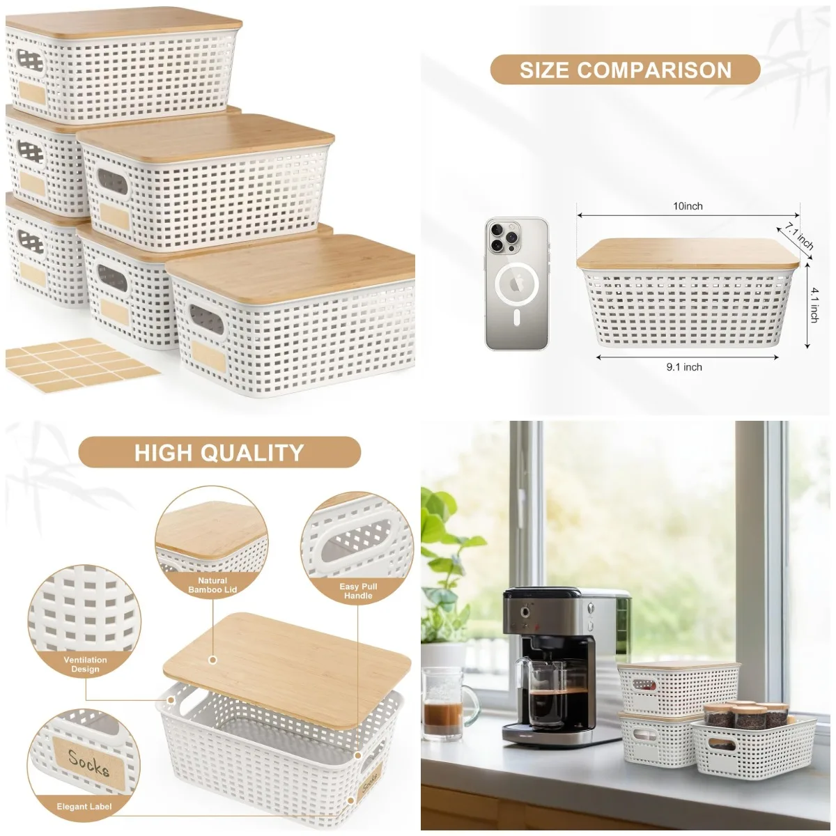 

Plastic Storage Bins with Bamboo Lid - Stackable Organizing Containers - 6 Pcs, White, 10x7.2x4 In