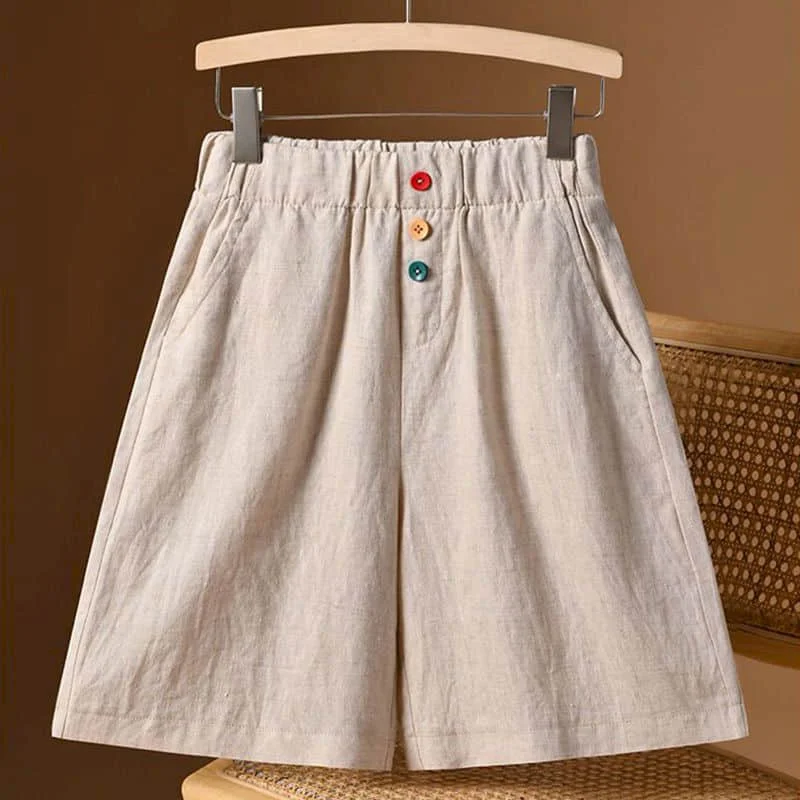 Solid Shorts Women Summer Casual Cotton Linen Straight Short Pants Korean Style Elastic Waist Five-point Trousers Women Clothing