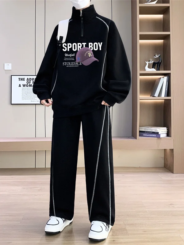 

Casual Sportswear f Zip Hoodie Set Men's Long Sve Stand Collar Trendy Two Piece Autumn Outfit Cotton Polyester Blend