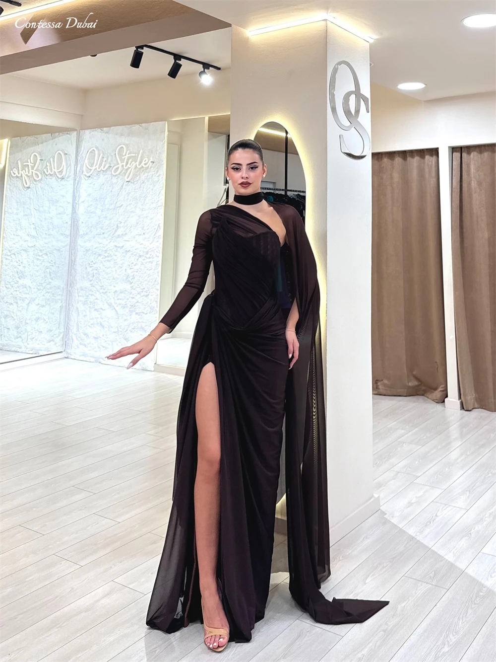 Contessa Customized Sexy One Shoulder Evening Dress Chiffon Shawl Draped High Slit Robes De Soirée Sheath Formal Evening Gowns