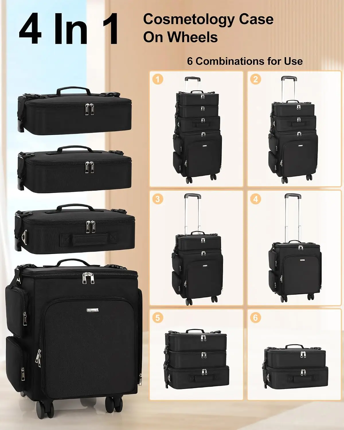 4 In 1 Rolling Makeup Case Hairstylist Traveling Bag Cosmetology Wheels Large Hair Tools Cosmetics Train Case Makeup Artist Stor