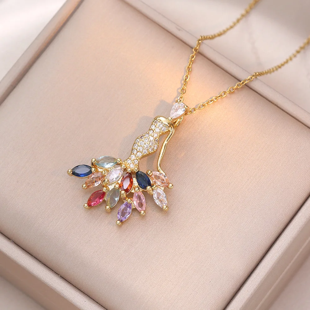 Colorful Zircon Mermaid Tail Pendant Necklaces for Women Girls Stainless Steel Trendy Romantic Jewelry Accessories Gifts