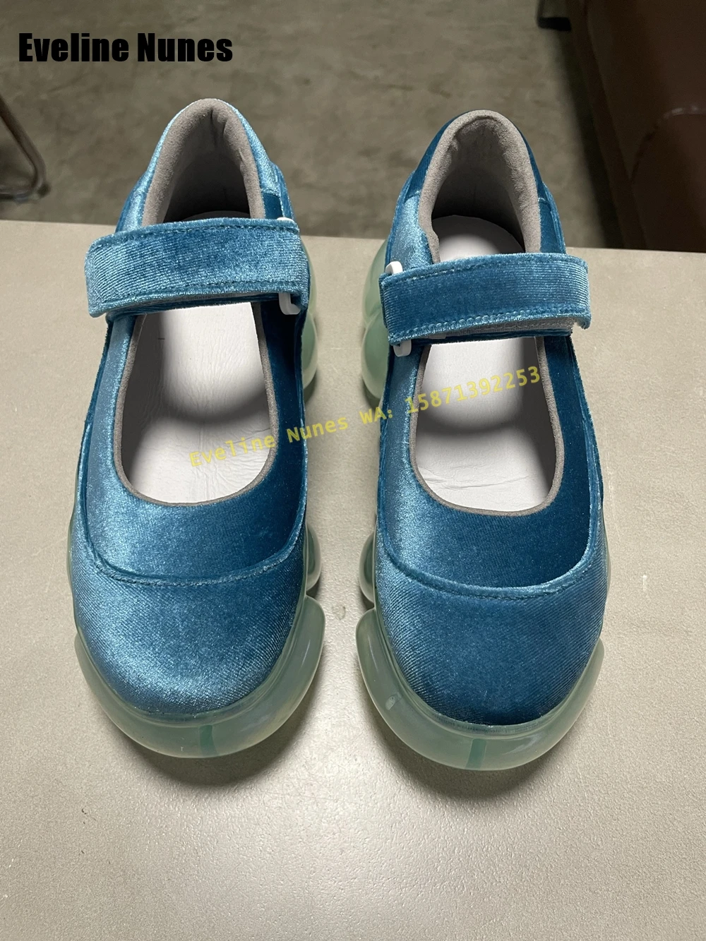 Blue Transparent Bubble Bottom Pumps Round Toe Thick Sole Hook and Loop Velvet Casual Mary Janes Shoes 2025 Spring New Style