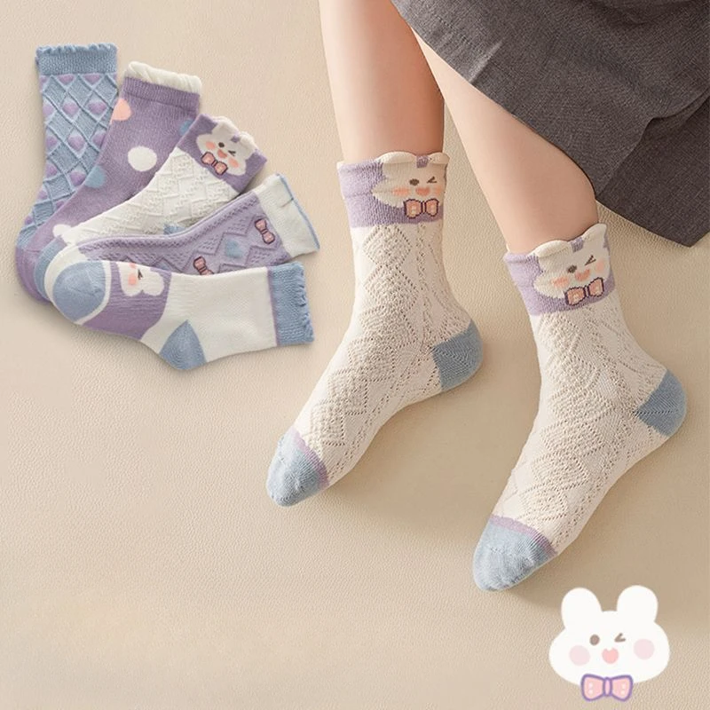 5 Pairs Lot Cute Rabbit Children Socks Summer Breathable Mesh Girls Middle Tube Socks   Kids  Girl Ruffle Socks