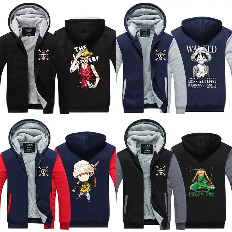 

New One Piece Hooded Coat Men's Anime Cartoon Autumn Winter Fashion Loose Warm Coat Kawaii Student Thicken Coat Birthday Gift