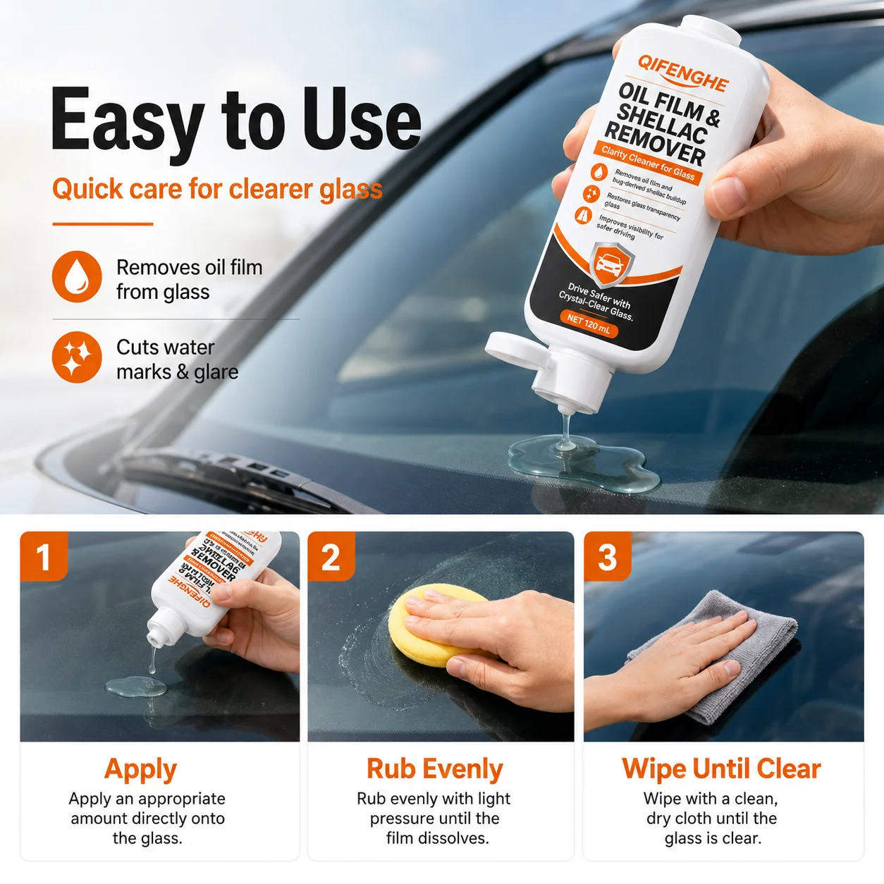 Car Glass Oil Film & Bug Residue Remover 120ml Windshield Cleaner Restores Clarity for Auto and Home Glass view 2