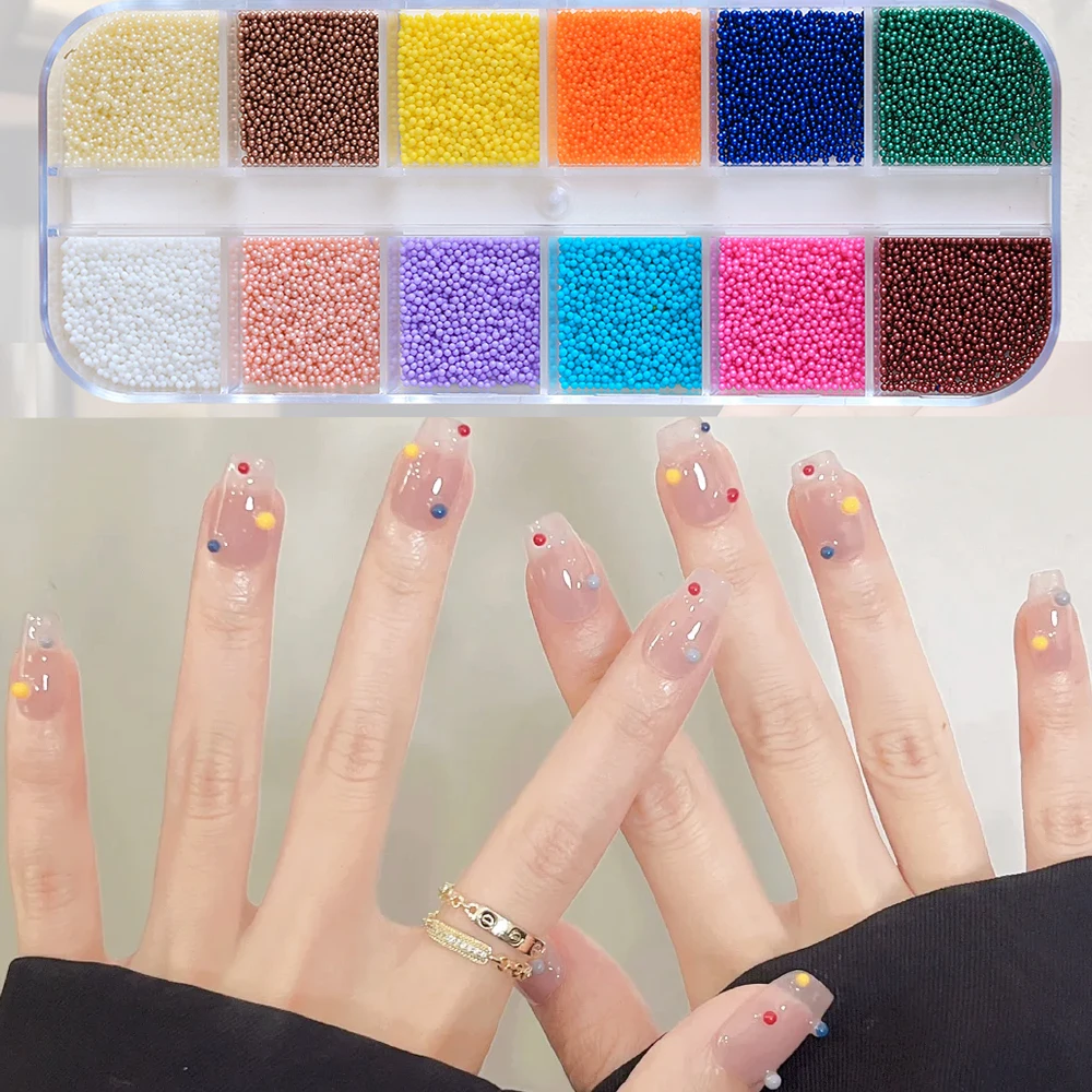 12Grids 3D Colorful Micro Caviar Nail Art Charms Summer Dopamine Tiny Round Pearl Beads Nail Rhinestones DIY Y2K Nail Decoration
